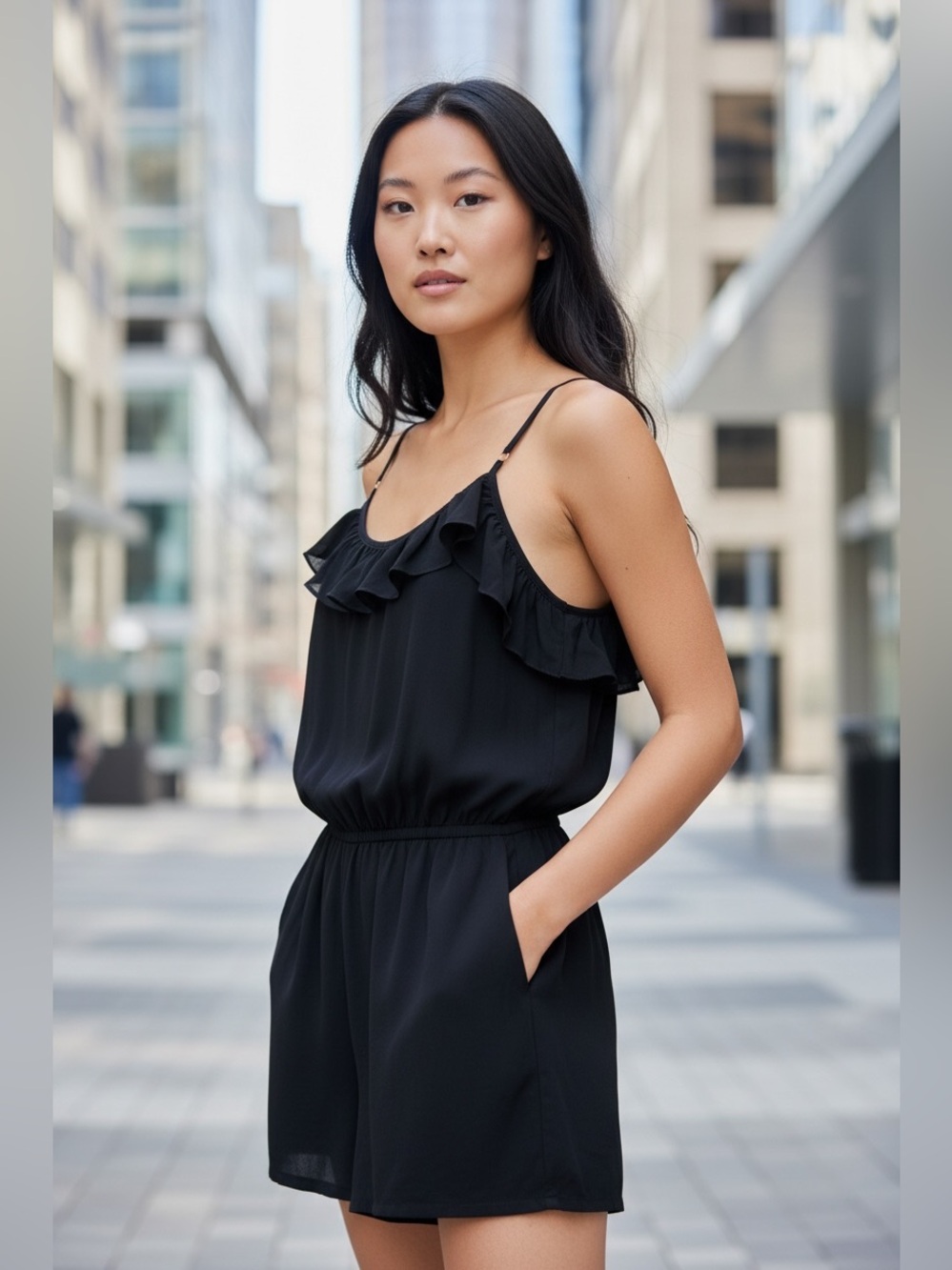 Rachel Roy Black Ruffle Romper, Size XL